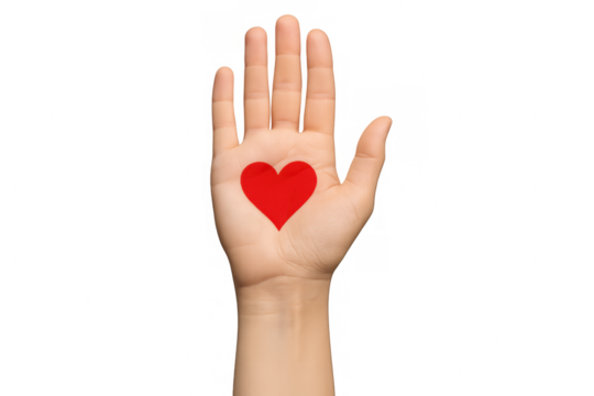 Hand displaying red heart silhouette, symbolizing compassion, connection, emotional care