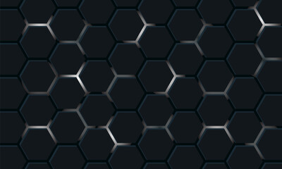 Dark hexagon abstract technology background with black and white bright flashes under the hexagon. Hexagon game vector technology illustration on black abstract background.