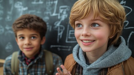 Two boys smiling, classroom setting