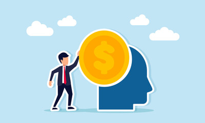 Businessman placing dollar coin on statue head illustration of research evaluation and analysis related to business financial management strategy