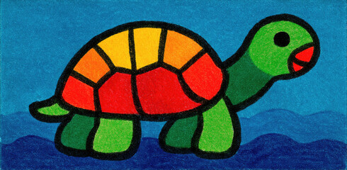 Colorful Turtle Drawing on a Blue Background