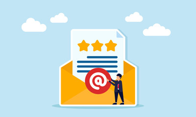 Businessman placing mention symbol on envelope containing document with three stars illustration of report verification and validation of business quality standards
