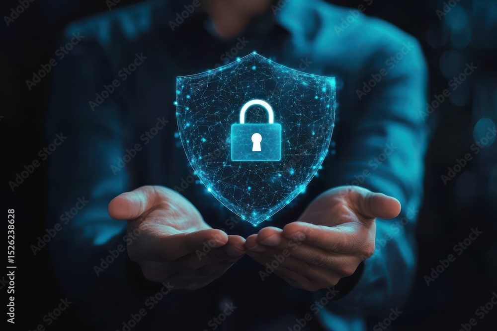 Poster digital shield cyber security protection network safety data privacy secure online technology lock