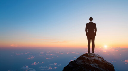 A man stands on a mountain top, looking out at the horizon