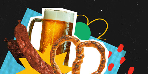 Conceptual art collage. Beer mug, crispy pretzel and sausage on abstract colorful background with shapes and stars. Magazine style. Concept of celebration event, traditional fest, party, drink