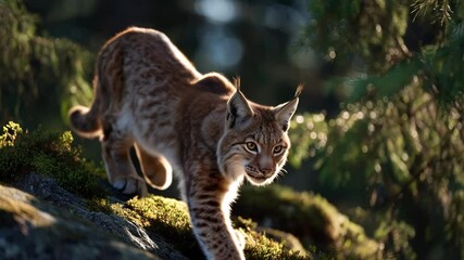 Lynx Prowling Cautiously Over Mossy Rocks in a Forest - Powered by Adobe