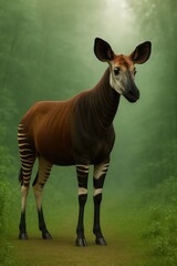 Fototapeta premium Okapi in Misty Forest – Rare Wildlife in Natural Habitat