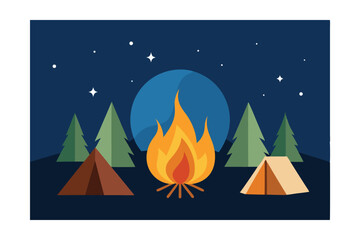 Obraz premium Night Camping Scene Campfire under the Moonlit Sky with Tents and Pine Trees