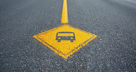 Close-up of yellow bus lane road marking on asphalt surface, indicating public transportation route and urban traffic regulation for designated vehicles.