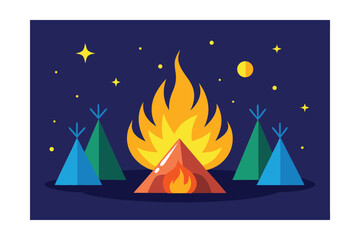 Nighttime Campfire Scene Teepees, Flames, and Starry Sky Illustration