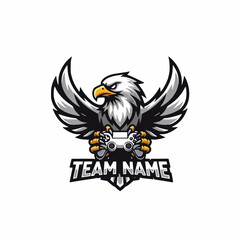 Fototapeta premium Bold E-Sports Gaming Mascot Vector Logo of an Eagle Holding a Gamepad Illustration and Team Name