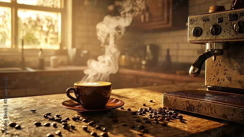 Poster steaming espresso in a rustic kitchen setting