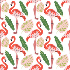 Fototapeta premium Seamless textile trendy vector pattern with exotic birds on a branch in tropical nature in exotic with tropical leaves abstract painting .Hand drawn illustration for fabric , paper and web design .