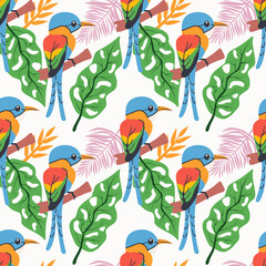 Fototapeta premium Seamless textile trendy vector pattern with exotic birds on a branch in tropical nature in exotic with tropical leaves abstract painting .Hand drawn illustration for fabric , paper and web design .