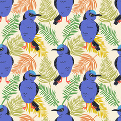 Fototapeta premium Seamless textile trendy vector pattern with exotic birds on a branch in tropical nature in exotic with tropical leaves abstract painting .Hand drawn illustration for fabric , paper and web design .