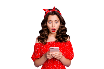 Beautiful lady holding telephone hands wear off-shoulders dress isolated purple background