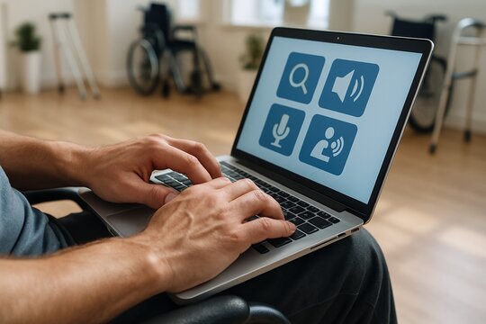Close-up of a man in a wheelchair using accessibility software on a laptop, with assistive icons on screen. Inclusive technology in a modern workplace setting.