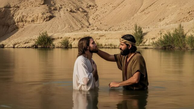 Jesus Christ is baptized by John the Baptist in the Jordan River, significant for Christianity and Bible narratives.