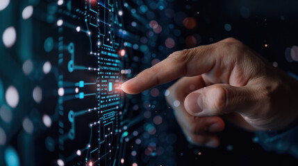 A hand is pointing at a computer screen with a blue background