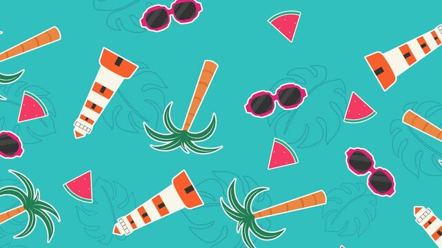 Animated 4K seamless loop featuring tropical palm trees, lighthouses, sunglasses, and watermelon slices on a turquoise background. Perfect for summer promos, backgrounds, and vacation themes.