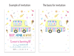 Watercolor summer themed ice cream truck invitation card, layout. Waffle cones on top, surrounded, ice cream, fruits, ice cream background. Design invitations for birthday, summer party