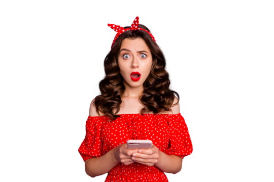 Beautiful lady holding telephone hands read bad news wear off-shoulders dress isolated purple background