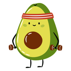 Cute avocado face avocado doing fitness with dumbbells. Flat vector illustration in simple child style . Vector illustration