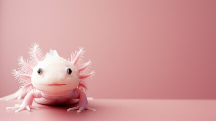 A pale axolotl sits on a pink surface, gazing directly at the camera.  Its feathery gills are visible.