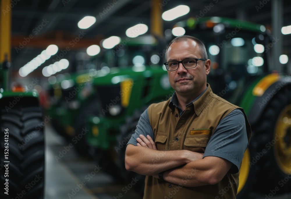 Poster tractor assembly line supervisor overseeing production in a factory setting