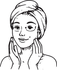 A black-and-white sketch of a woman with a towel on her head, applying cream to her face with closed eyes, perfect for skincare, beauty, and relaxation-themed designs