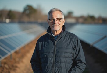 Green energy specialist standing confidently among solar panels in a field