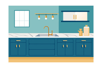 Modern Teal Kitchen Design Stylish Cabinets, Marble Countertops, and Gold Accents