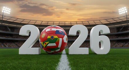 World Cup 2026 Football with International Flags on Stadium Field