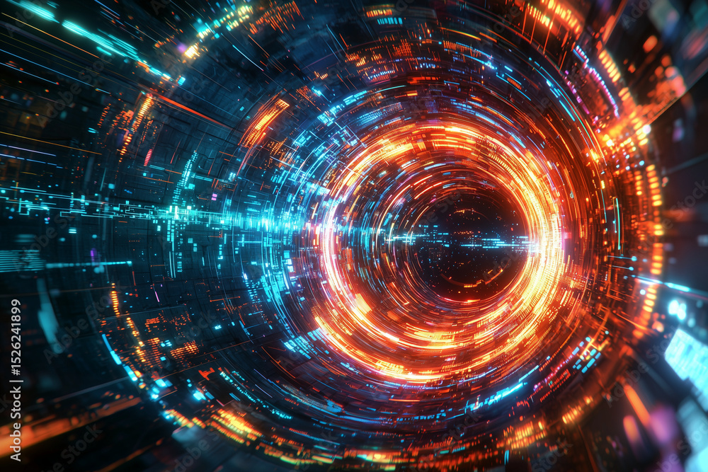 Poster abstract glowing tunnel with orange and blue light emitting from the circular structure design