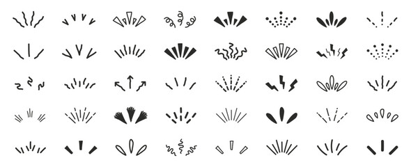 Doodle sparkle starburst set. Sunburst rays. Hand drawn elements Star, firework explosion, sun beams, black lines, surprise, outline, confetti, decorative, retro style. Art design elements.