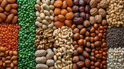 Naklejka premium Nut Variety: An eye-level, close-up of a diverse array of assorted nuts, meticulously arranged and photographed to highlight their natural textures and vibrant colors. A culinary delight.