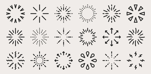 Sunburst, doodle sparkle starburst set. Sunburst rays. Hand drawn elements Star, firework explosion, sun beams, black lines, surprise, outline, confetti, decorative, retro style. Art design elements.