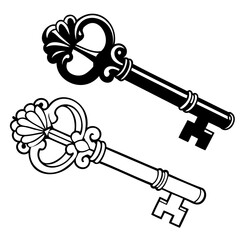 Antique Skeleton Keys Vintage Key Illustrations, Black and White