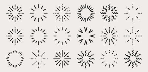 Sunburst, doodle sparkle starburst set. Sunburst rays. Hand drawn elements Star, firework explosion, sun beams, black lines, surprise, outline, confetti, decorative, retro style. Art design elements.
