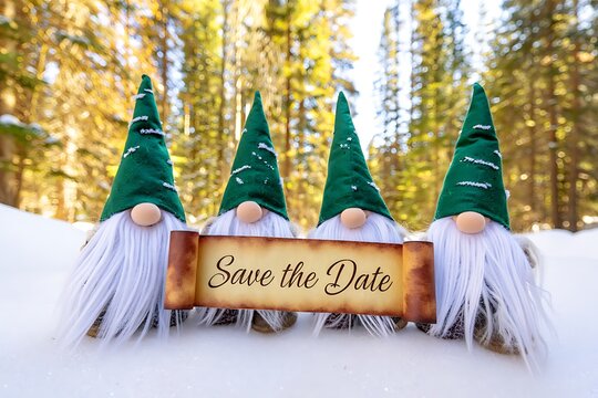 Festive gnomes holding a save the date scroll in snow