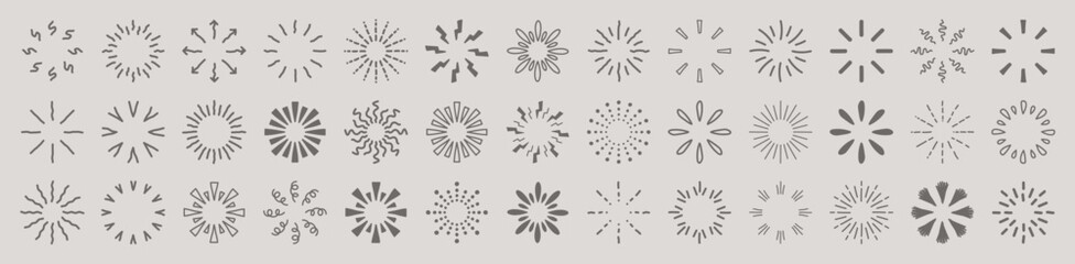 Obraz premium Sunburst, doodle sparkle starburst set. Sunburst rays. Hand drawn elements Star, firework explosion, sun beams, black lines, surprise, outline, confetti, decorative, retro style. Art design elements.