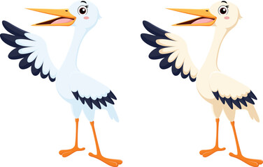 Cute stork cartoon waving, isolated on white background