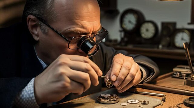 Expert watchmaker meticulously repairs intricate timepiece in workshop