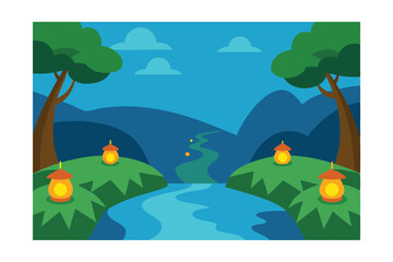 Obraz premium Serene Night Landscape Winding River, Gentle Hills, and Glowing Lanterns