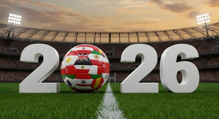 World Cup 2026 Football with International Flags on Stadium Field