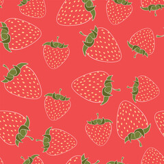 Seamless pattern with strawberry on color background. Natural delicious fresh ripe tasty fruit. Vector illustration for print, fabric, textile, banner, other design. Food concept.