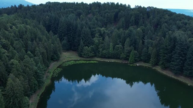 Slow motion drone view of Meugliano Lake bordered by dense conifer woods in Val di Chy, part of the Ivrea Morainic Amphitheatre, a prehistoric glacial landform in northern Piedmont, drone shot