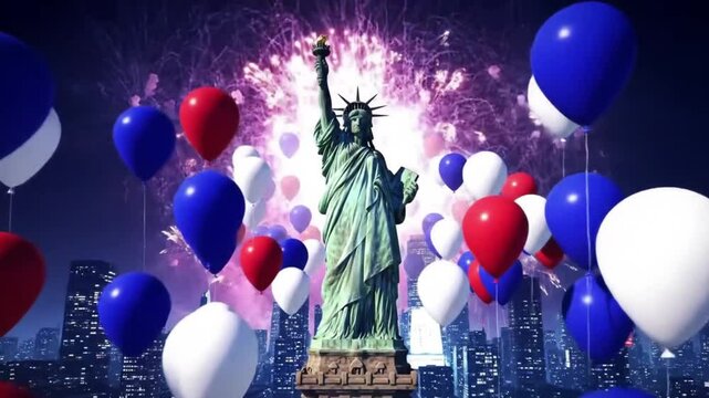Happy 4th July celebration with Statue of Liberty, red, white, blue balloons, fireworks. Perfect for patriotic holiday designs, greeting cards, marketing materials.