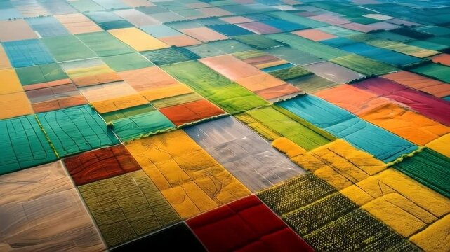 Aerial View of Colorful Agricultural Fields in Geometric Patterns