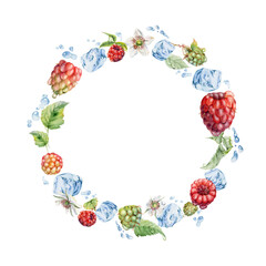 Raspberry berries wreath flying in water splash with leaves, ice cubes, dew drops hand drawn in watercolor. Ripe garden dewberry cloudberry mulberry. Isolated circle frame. Fresh grocery store, drinks